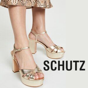 SCHUTZ Keefa Glam Platform Sandal Block Heel Gold Metallic Leather Strappy Sz 8